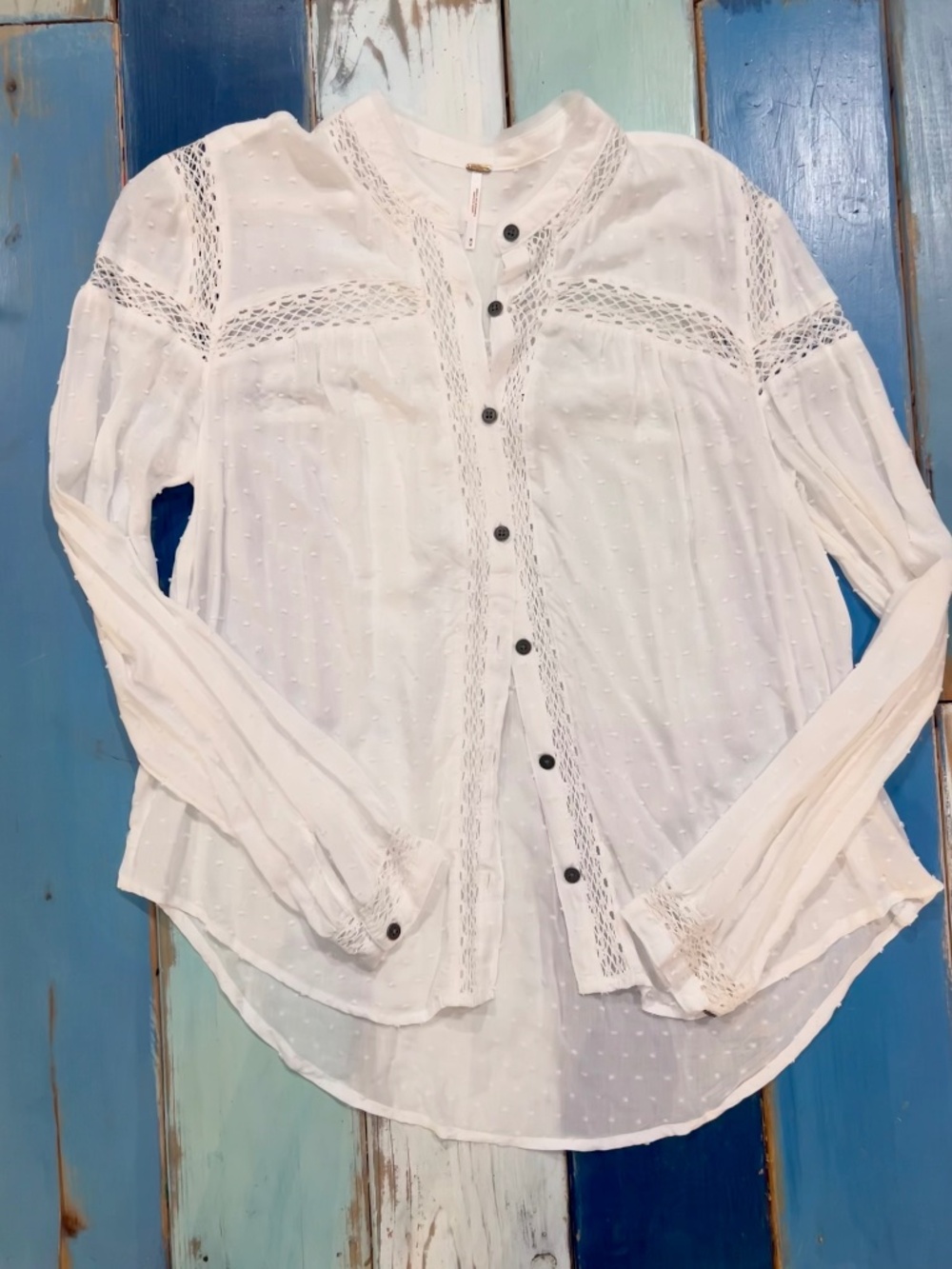 Free People White Swiss Dot Lace Inset Button Down Blouse Women's Medium